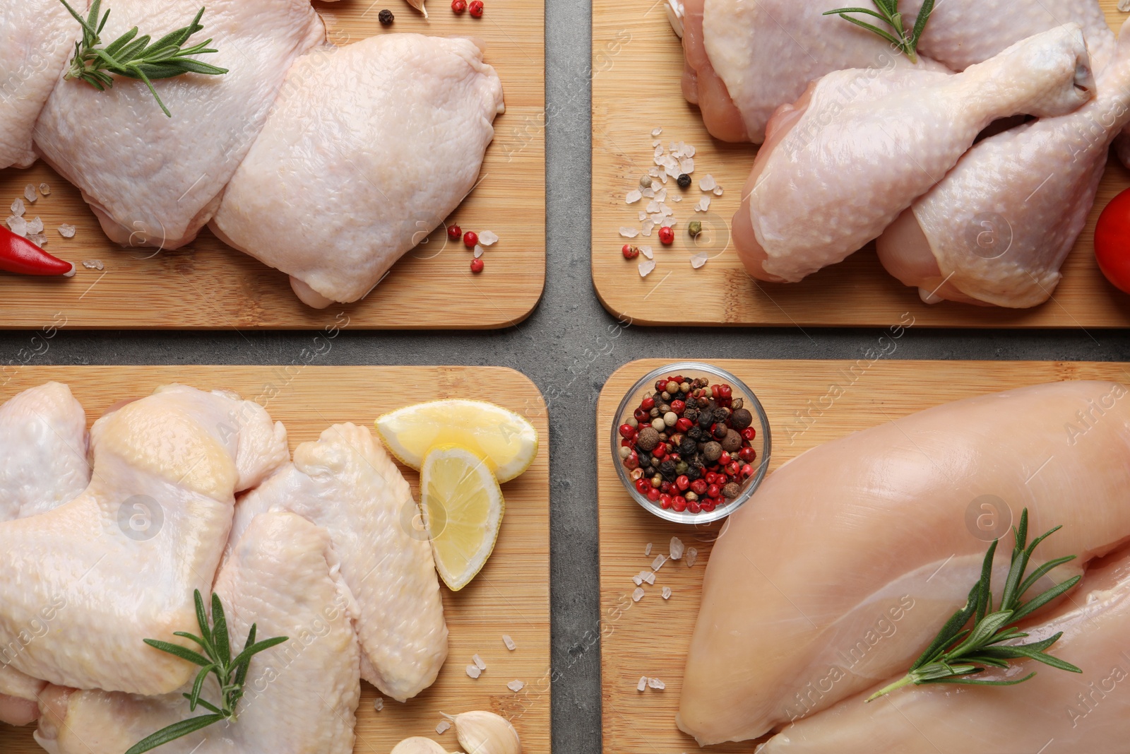 Photo of Flat lay composition with fresh raw chicken meat on grey table