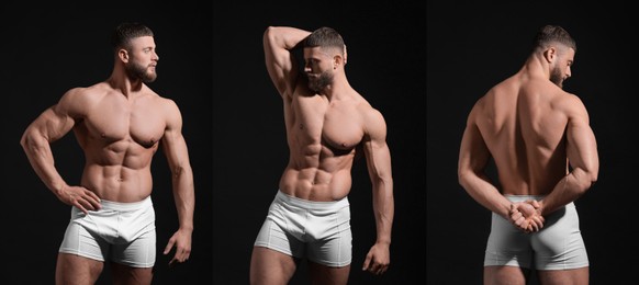 Image of Muscular man in stylish white underwear on black background, collection of photos