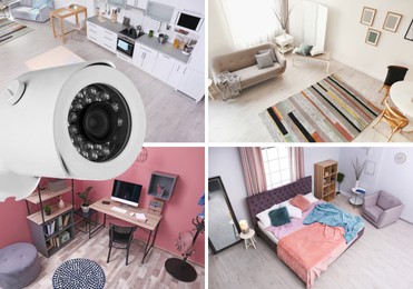Image of View of rooms through CCTV cameras. Collage