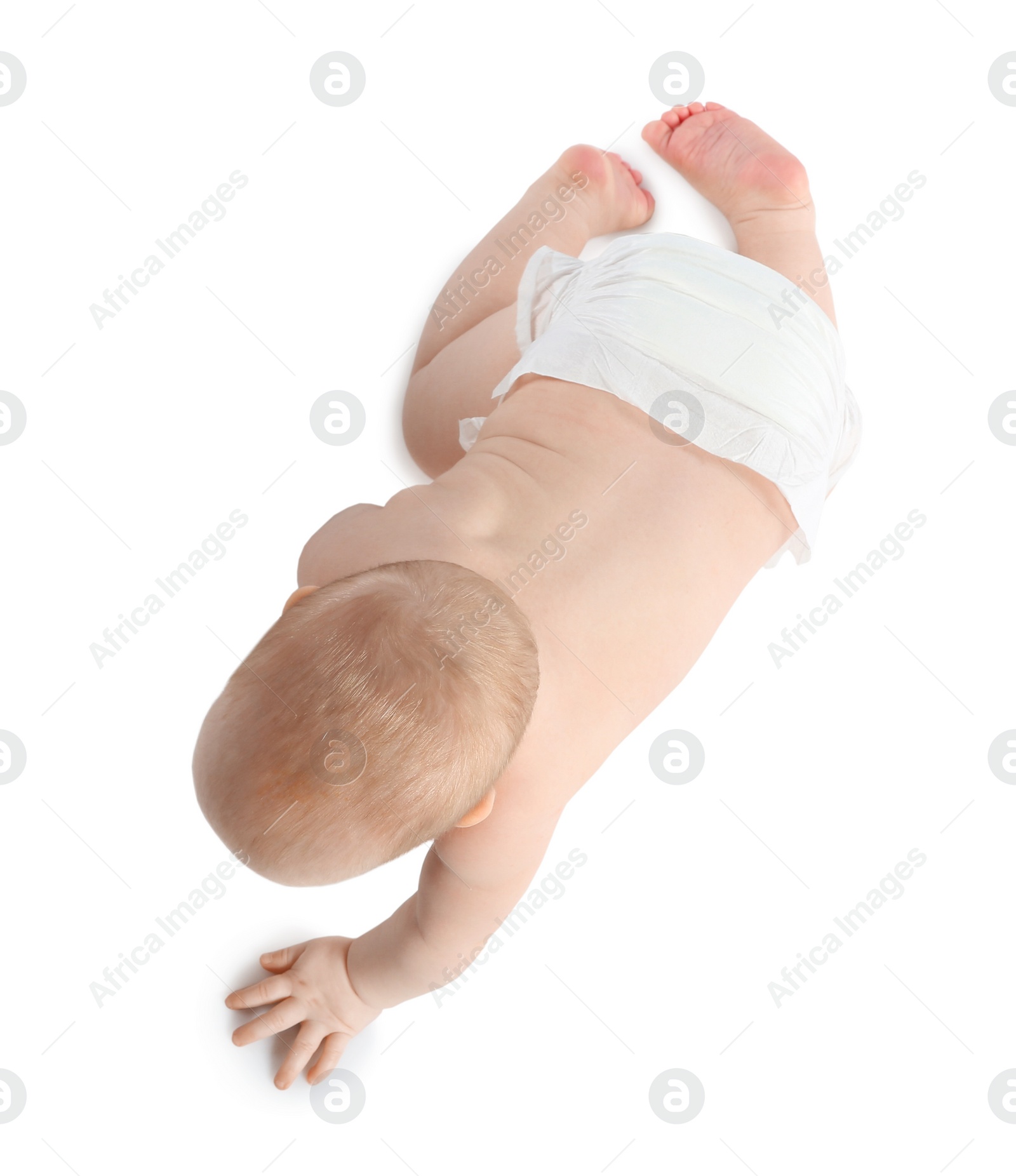 Photo of Cute little baby crawling on white background, top view