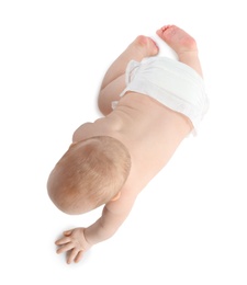 Photo of Cute little baby crawling on white background, top view