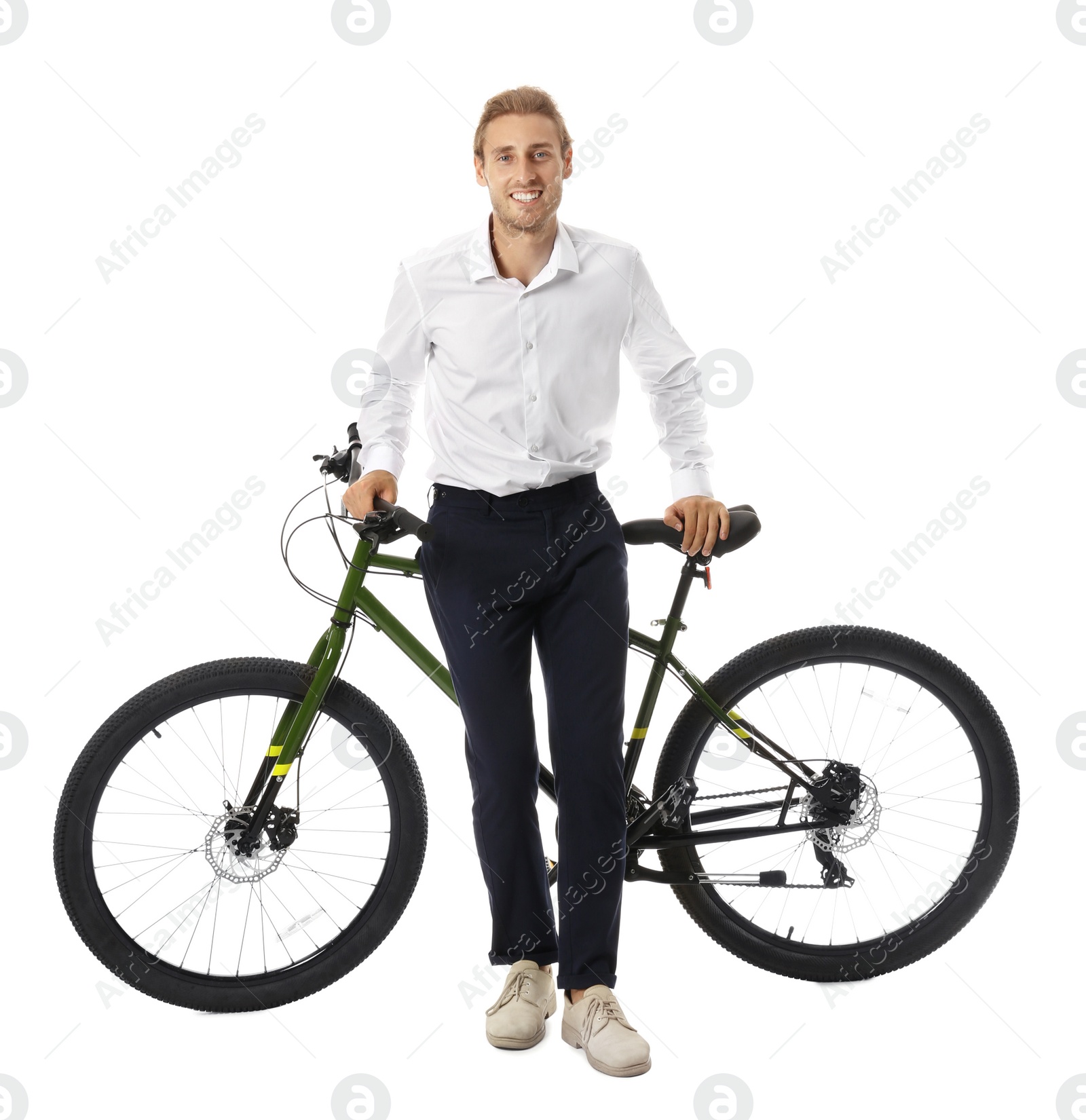 Photo of Happy young man with bicycle on white background