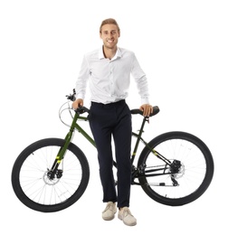 Photo of Happy young man with bicycle on white background