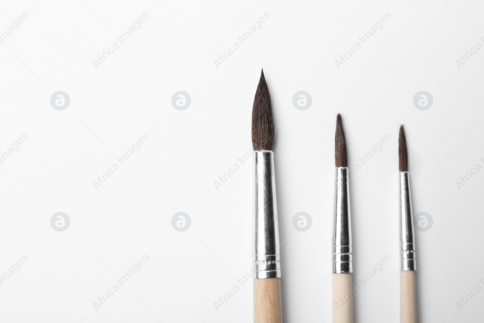 Photo of Different paint brushes on white background, top view. Space for text