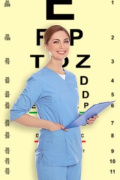 Image of Vision test. Ophthalmologist or optometrist against pale yellow background with eye chart