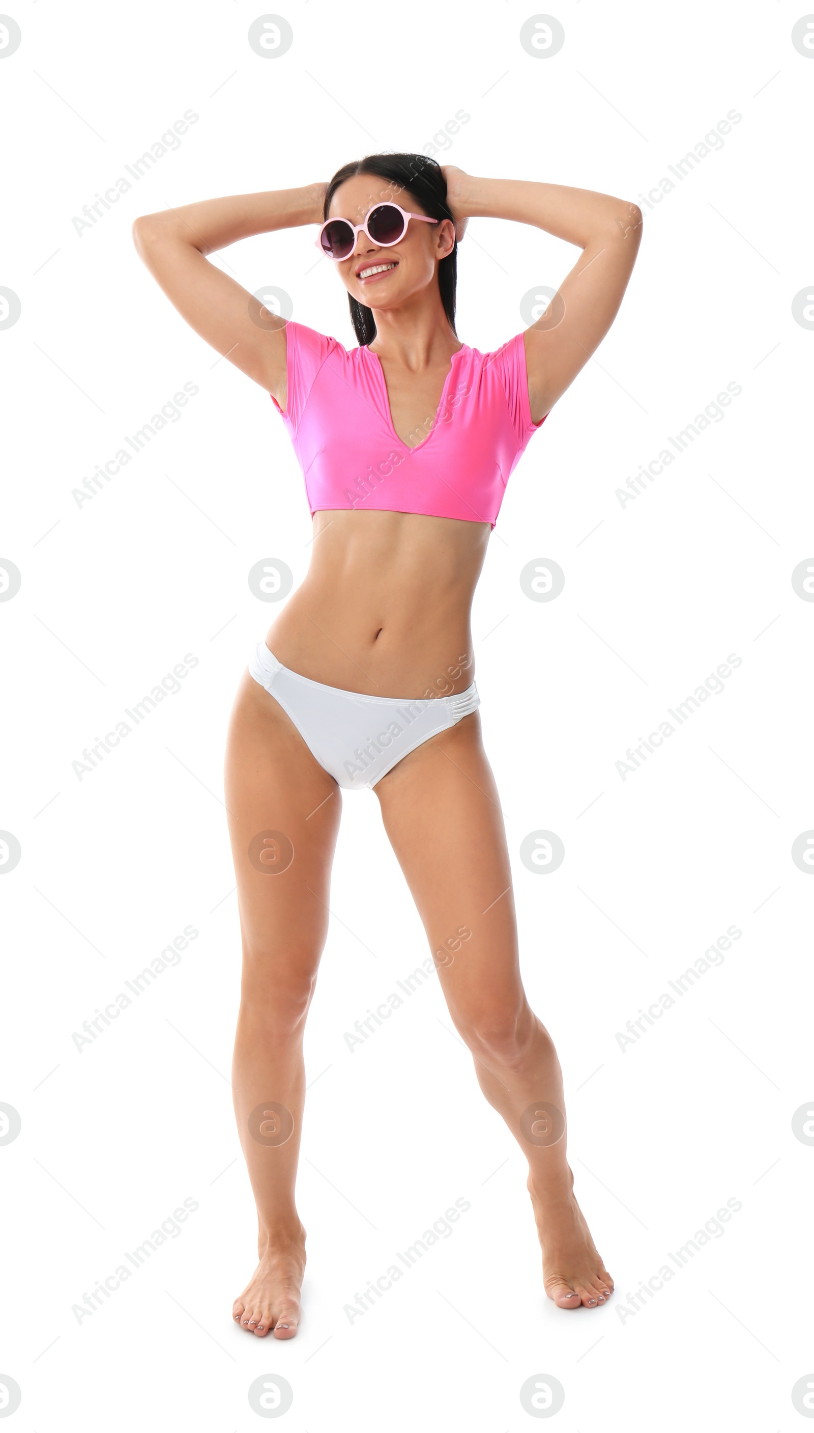 Photo of Beautiful young woman in stylish bikini with sunglasses on white background