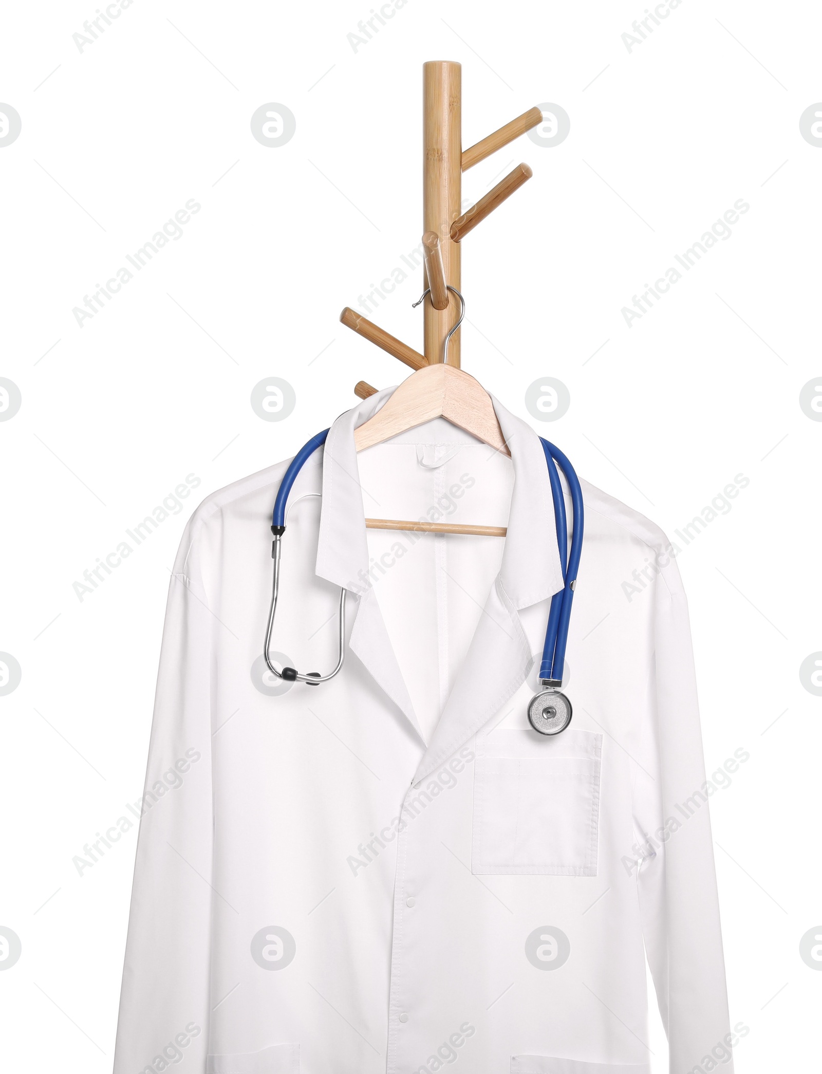 Photo of Doctor's gown and stethoscope on rack against white background. Medical uniform