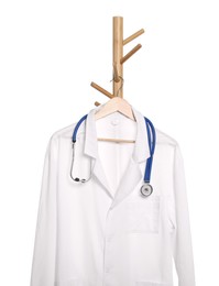Photo of Doctor's gown and stethoscope on rack against white background. Medical uniform