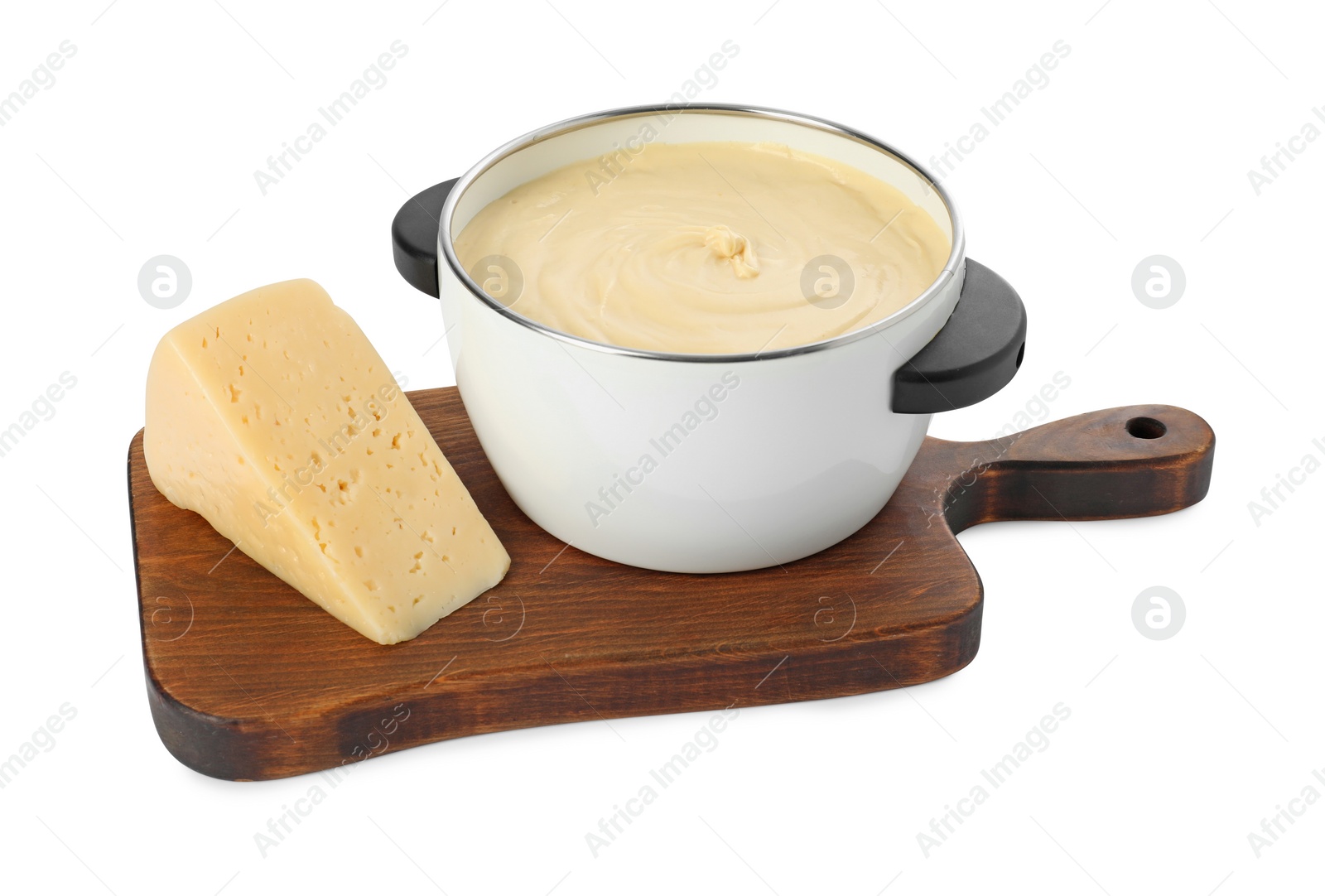 Photo of Fondue with tasty melted cheese and piece isolated on white