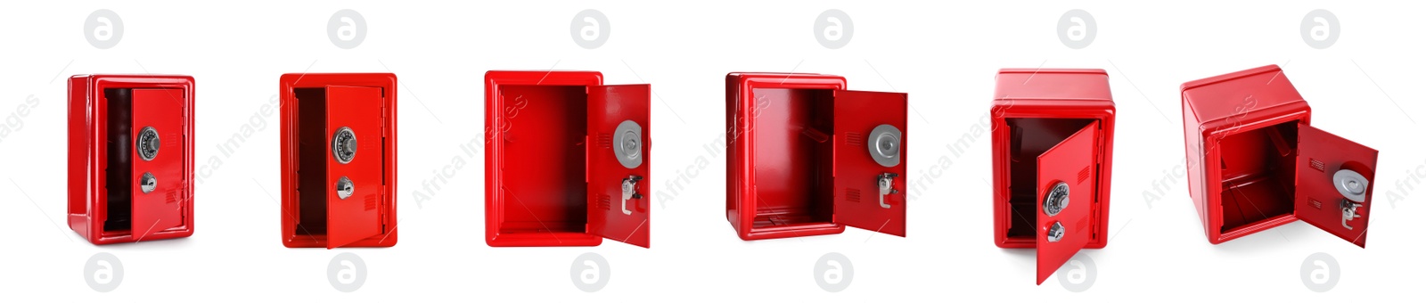 Image of Open red steel safe on white background, view from different sides