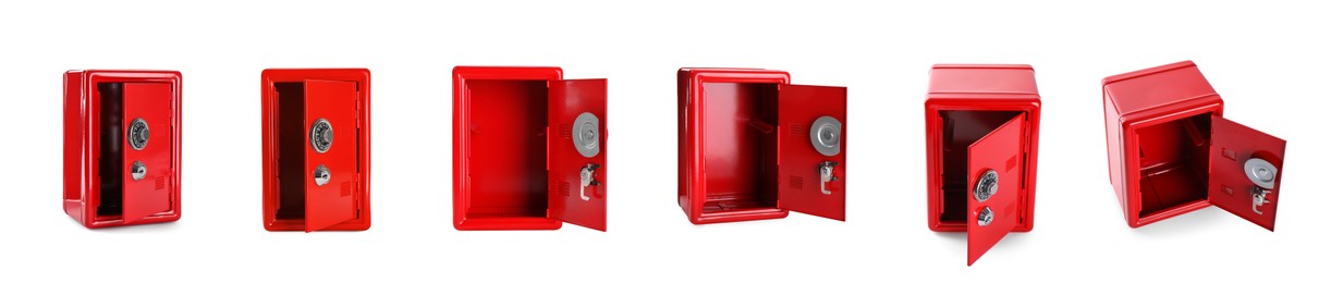 Image of Open red steel safe on white background, view from different sides