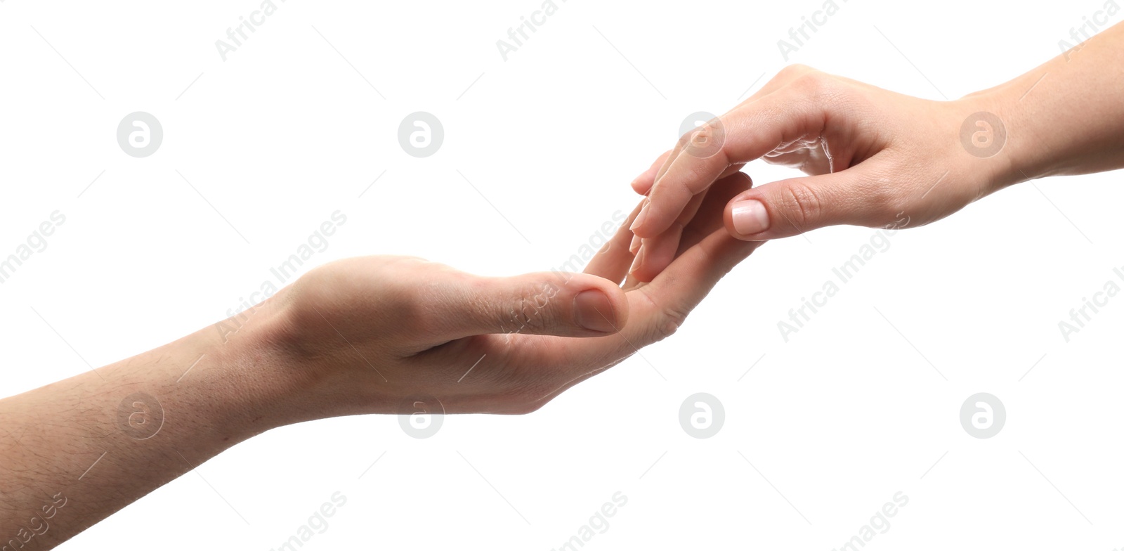 Photo of Man and woman holding hands together on white background, closeup