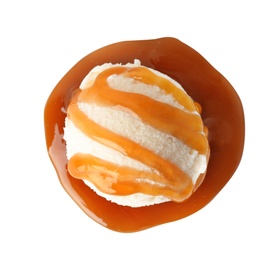 Scoop of delicious ice cream with caramel sauce on white background, top view