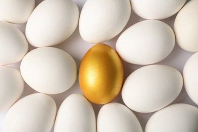 Photo of Golden egg among ordinary ones on white background, top view