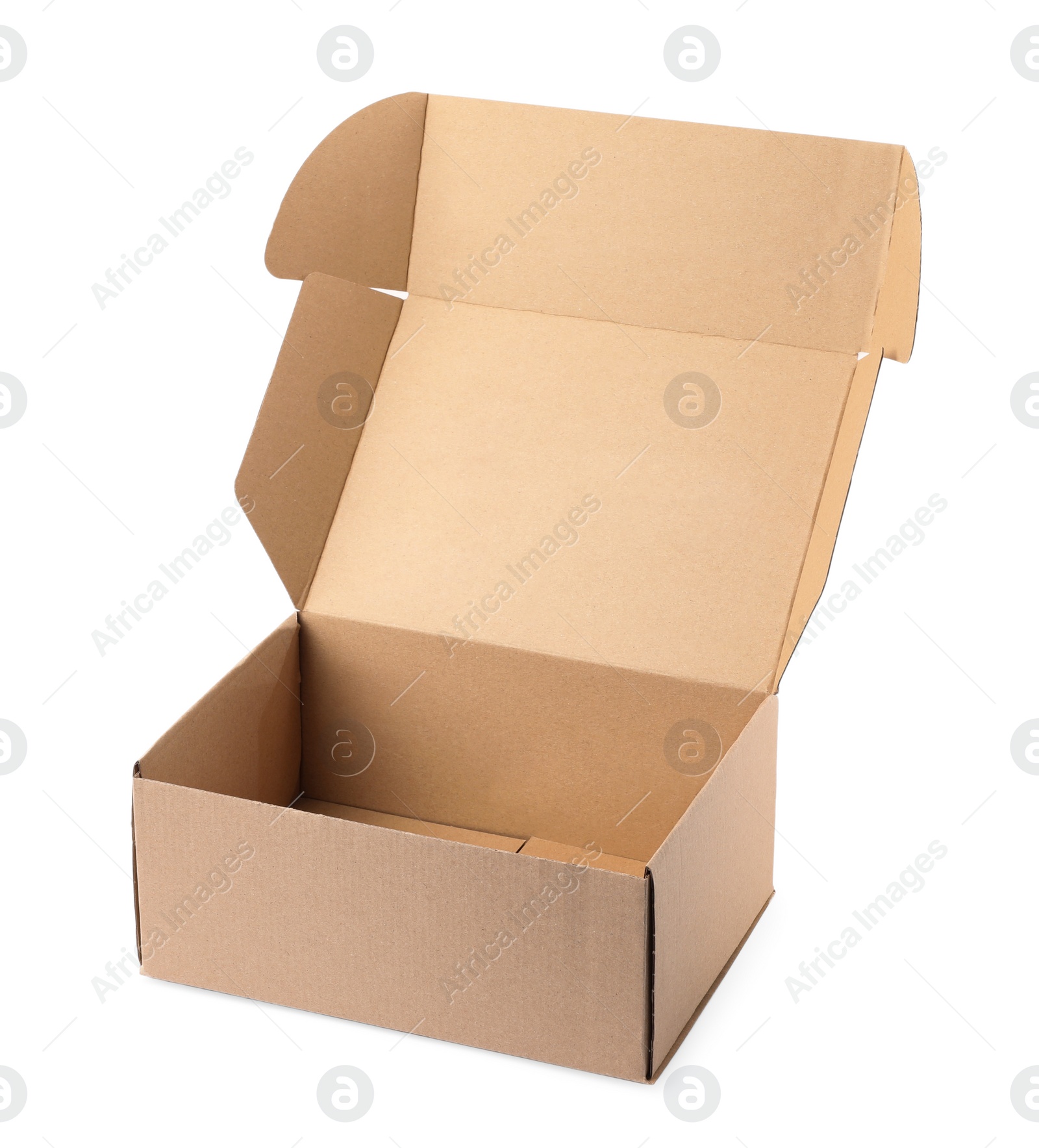 Photo of Open cardboard box on white background. Mockup for design