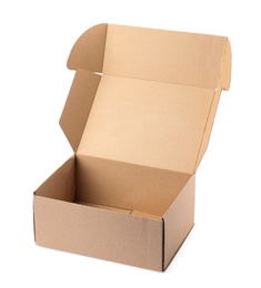 Open cardboard box on white background. Mockup for design