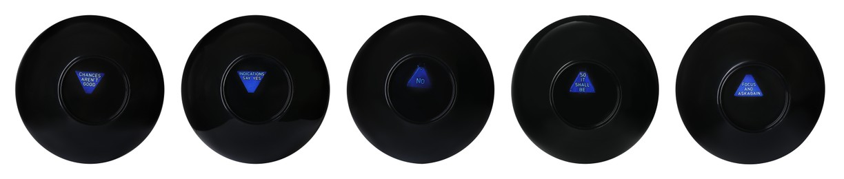 Image of Magic eight ball with different predictions isolated on white, collection