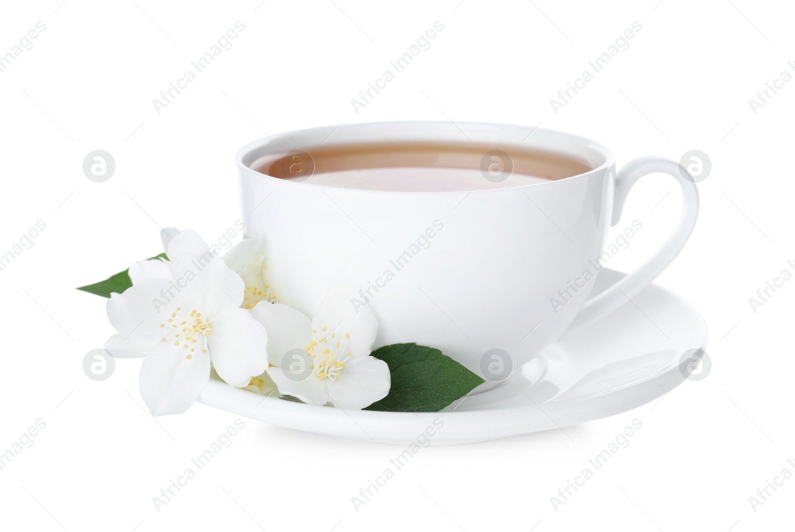 Photo of Cup of tea and fresh jasmine flowers isolated on white