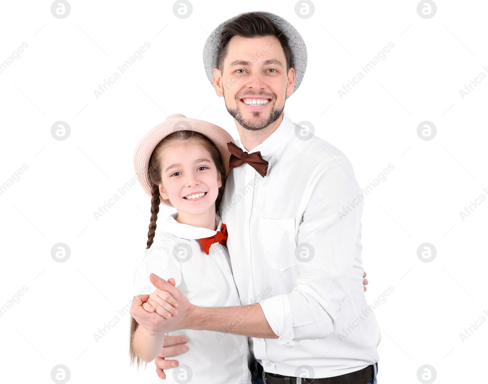 Photo of Dad and his daughter hugging on white background. Father's day celebration