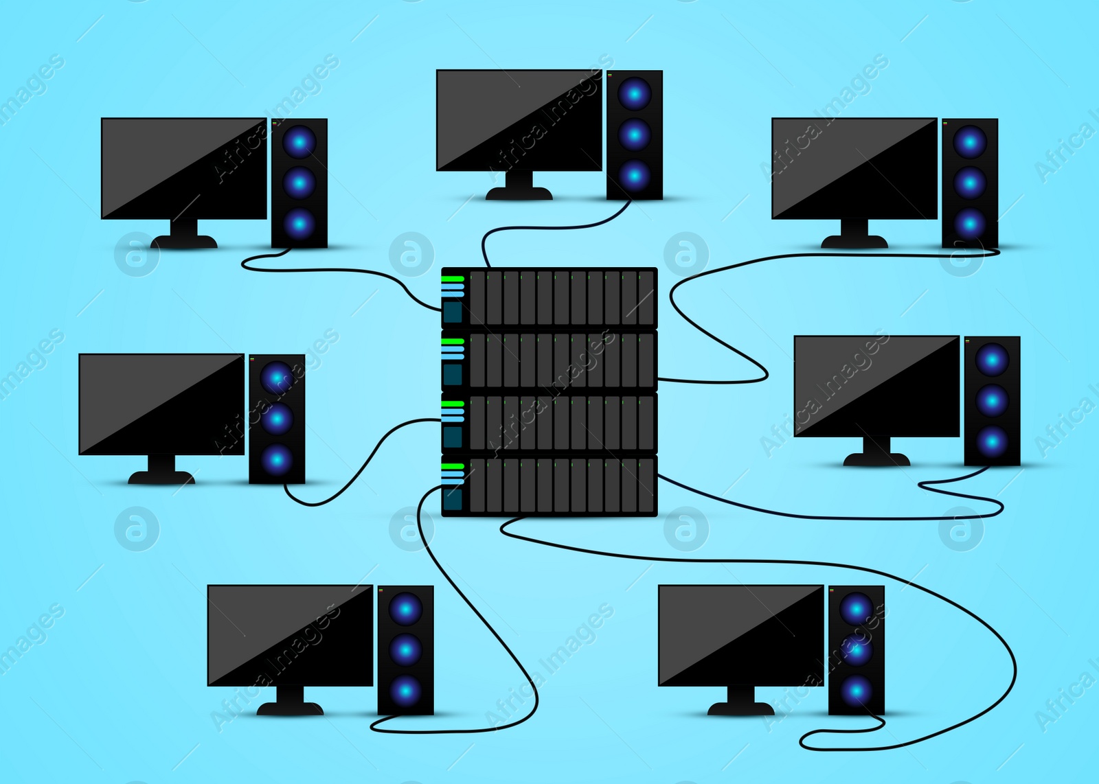 Illustration of Computers connected with server on light blue background, illustration. Multi-user system