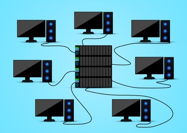 Computers connected with server on light blue background, illustration. Multi-user system