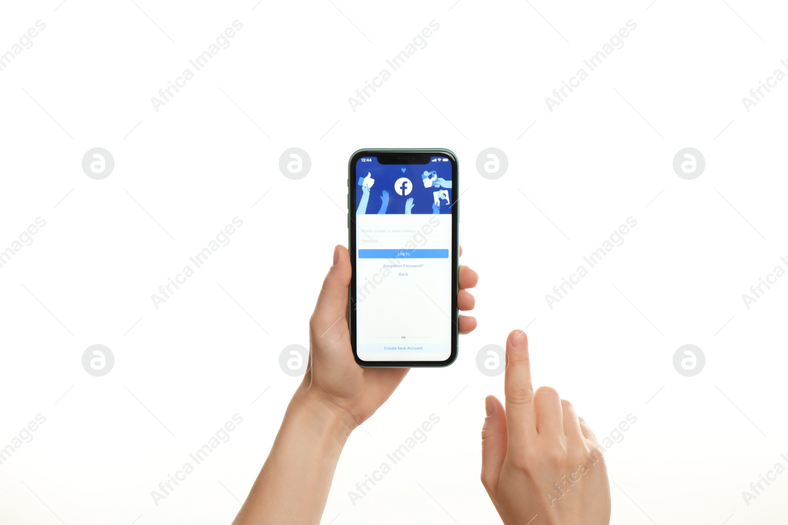 Photo of MYKOLAIV, UKRAINE - JULY 9, 2020: Woman holding  iPhone X with Facebook app on white background, closeup