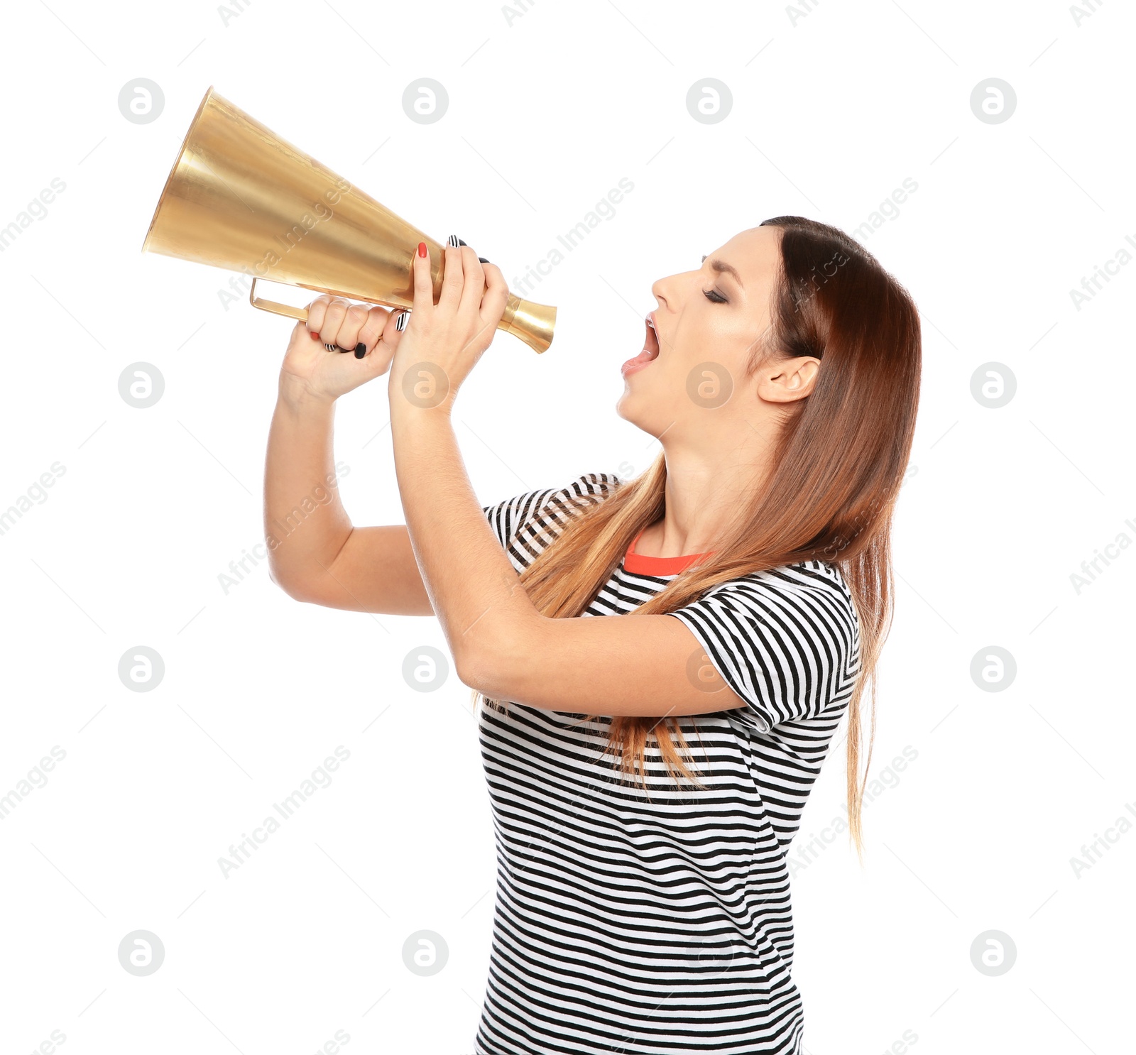 Photo of Emotional young woman with megaphone on white background