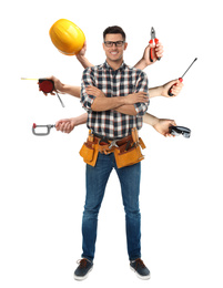 Multitasking concept. Handyman with different tools on white background
