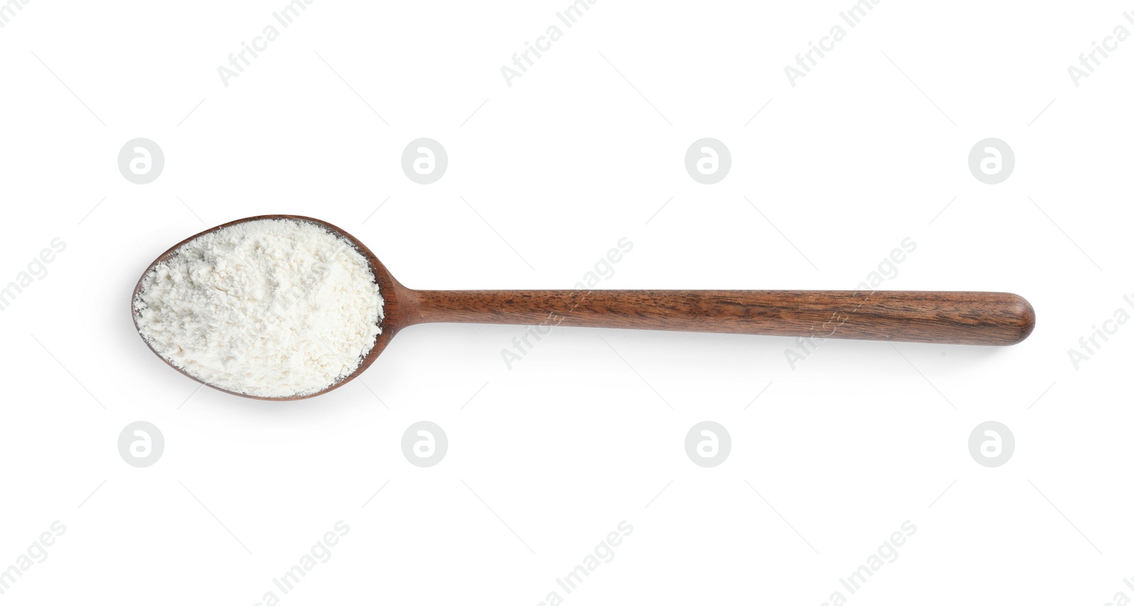 Photo of Spoon of wheat flour isolated on white, top view