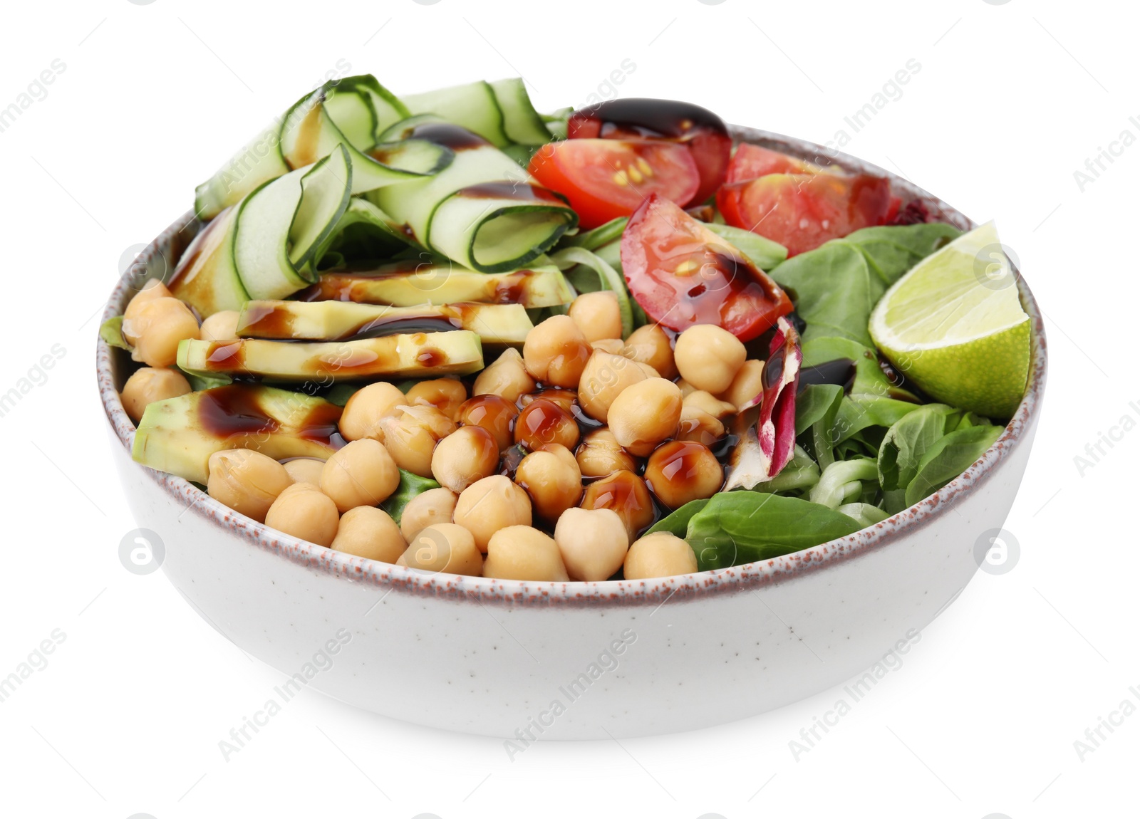 Photo of Delicious salad with chickpeas, vegetables and balsamic vinegar in bowl isolated on white