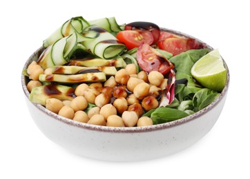 Delicious salad with chickpeas, vegetables and balsamic vinegar in bowl isolated on white