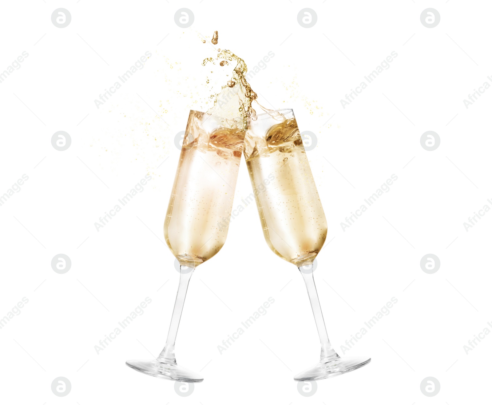 Image of Clinking glasses of sparkling wine with splash on white background