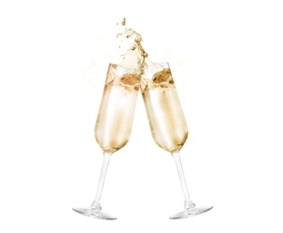 Image of Clinking glasses of sparkling wine with splash on white background