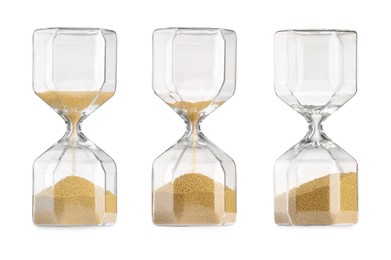 Passage of time. Hourglass with flowing sand on white background, collage