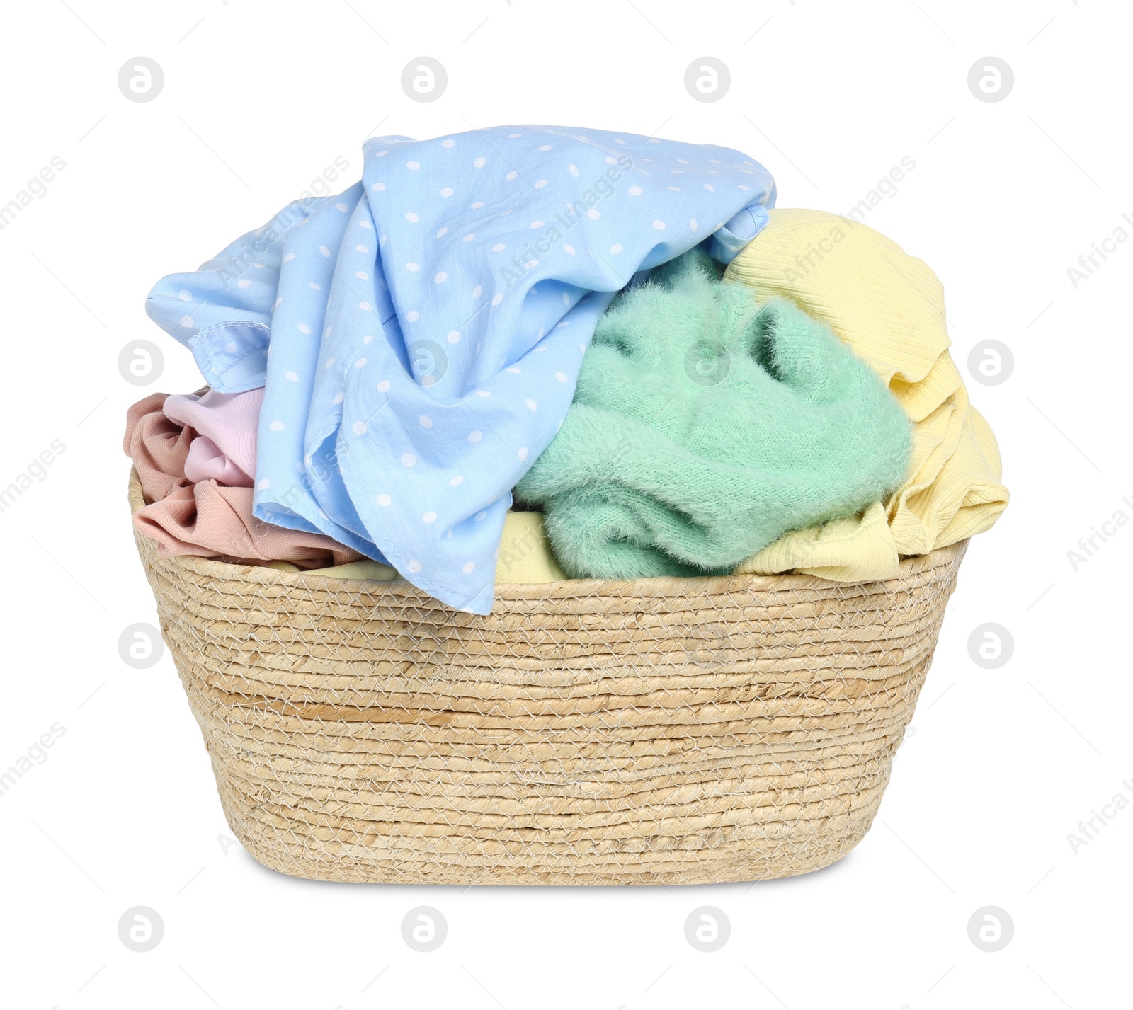 Photo of Wicker laundry basket with clean colorful clothes isolated on white