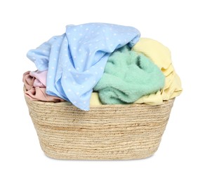 Photo of Wicker laundry basket with clean colorful clothes isolated on white