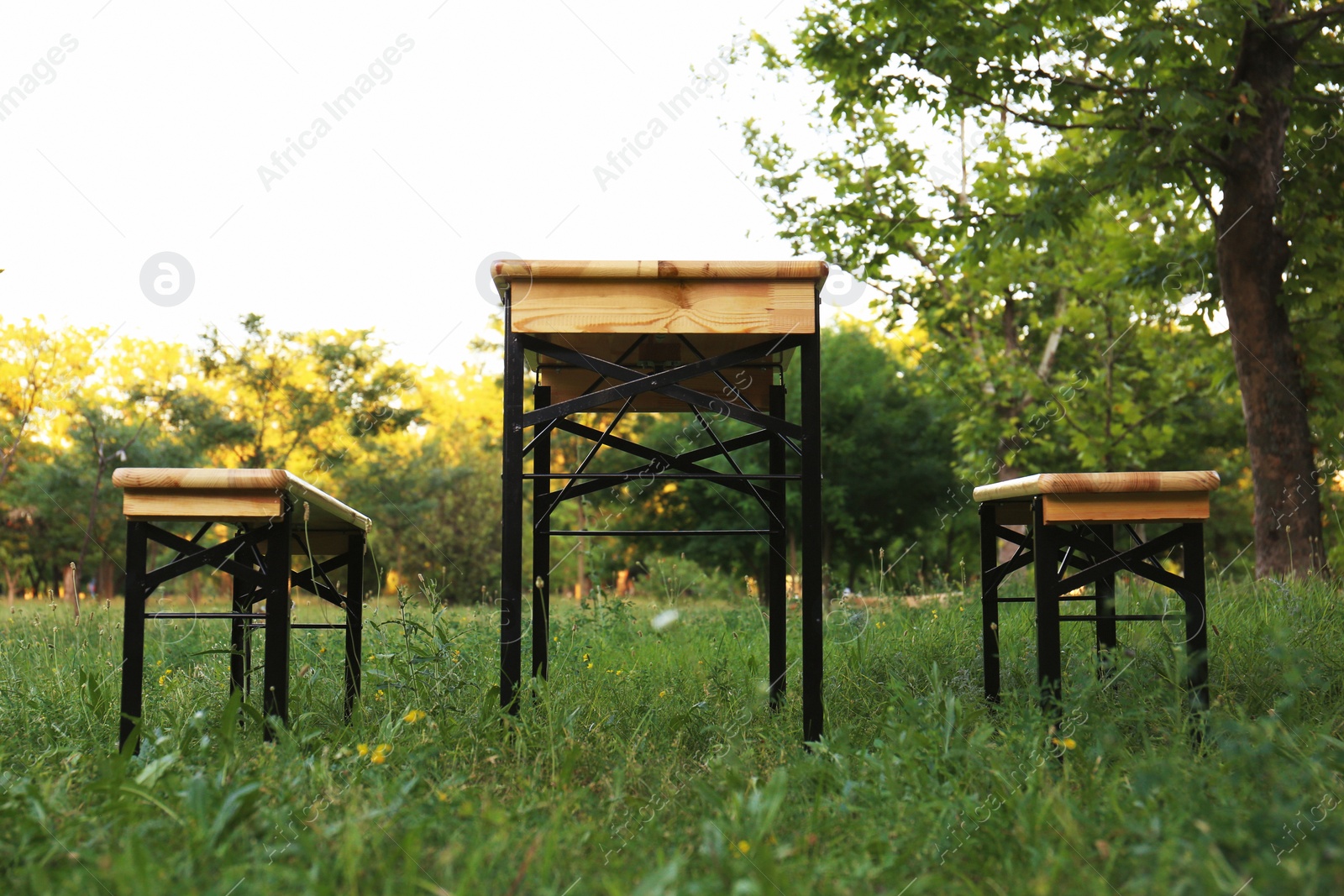 Photo of Wooden picnic table with benches in park