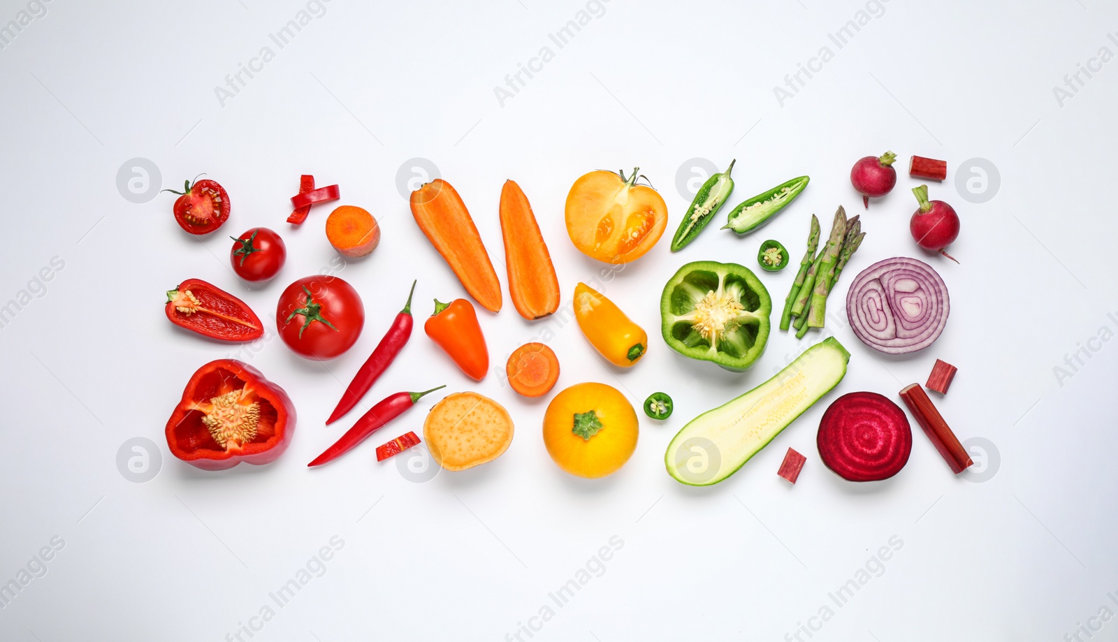 Photo of Different fresh vegetables on white background, top view