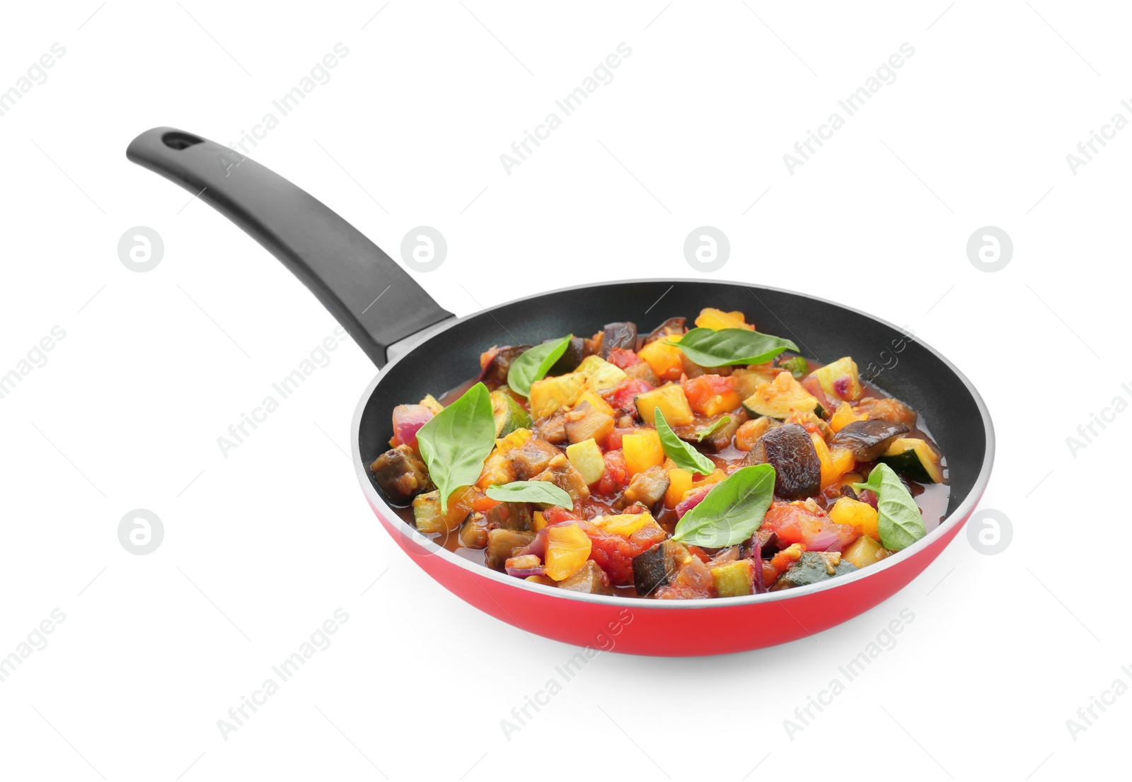 Photo of Frying pan with tasty ratatouille isolated on white