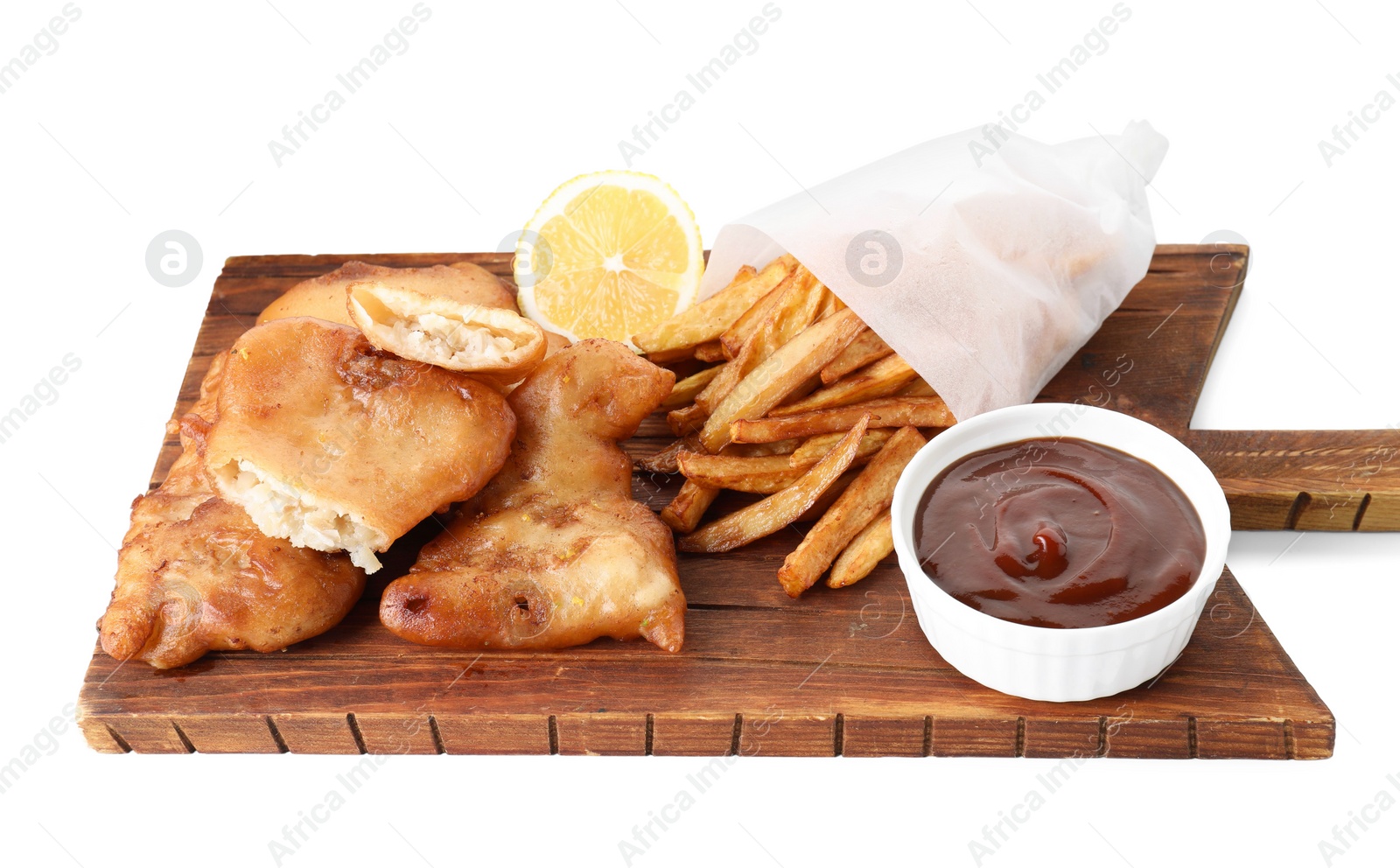 Photo of Tasty fish, chips and sauce isolated on white