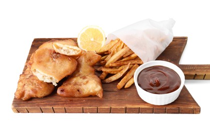 Photo of Tasty fish, chips and sauce isolated on white