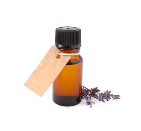 Photo of Bottle of essential oil and lavender flowers on white background