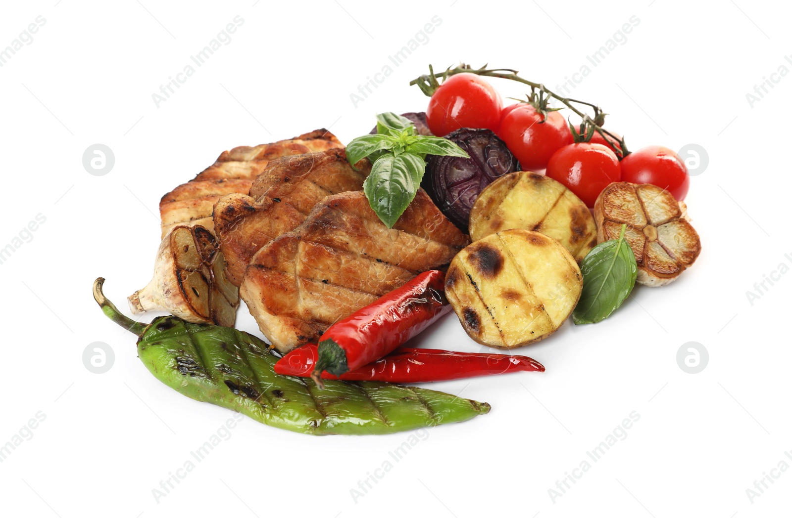 Photo of Tasty grilled vegetables, meat, fresh cherry tomatoes and basil isolated on white