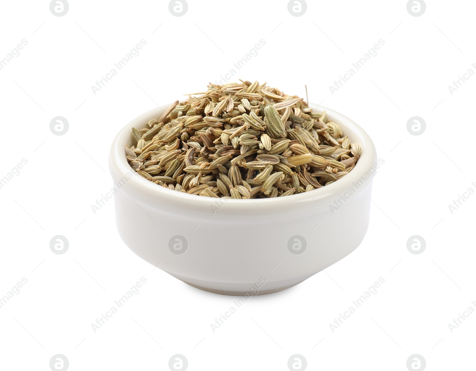 Photo of Dry fennel seeds in bowl isolated on white