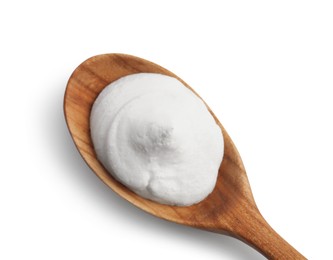 Photo of Wooden spoon with sour cream isolated on white, top view