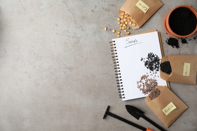 Photo of Vegetable seeds, notebook and gardening tools on grey table, flat lay. Space for text