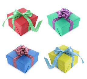 Set of Christmas gift boxes on white background