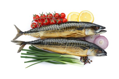 Photo of Delicious smoked mackerels and products on white background, top view