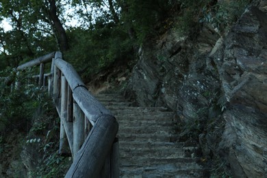 Beautiful wooden fence and stairs in high mountains