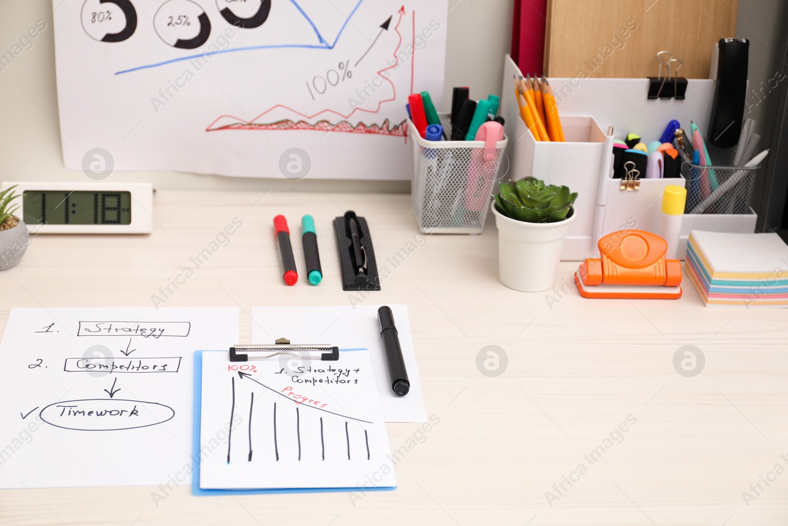 Photo of Business process planning and optimization. Workplace with plan, notebook and stationery on white wooden table